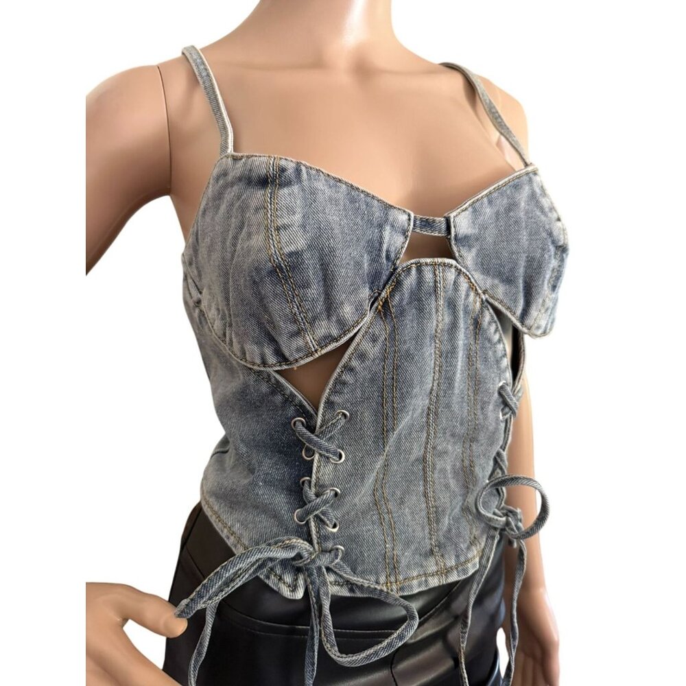 Light Blue Wash Denim Corset Top Bustier Size Petite 10 PrettyLittleThing